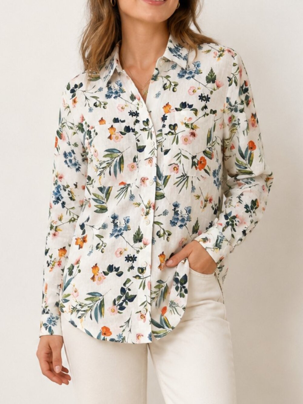 Lord + Taylor 100% Linen Floral Button Front Shirt Women's XS White Botanical
